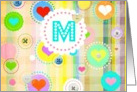 Monogram note card, ’M’, plaid pastels, hearts and buttons! card