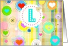 Monogram note card, ’L’, plaid pastels, hearts and buttons! card