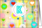 Monogram note card, ’K’, plaid pastels, hearts and buttons! card