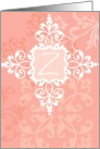 Monogram note card, ’Z’, vintage floral, medallion on pink! card
