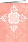 Monogram note card, ’Y’, vintage floral, medallion on pink! card