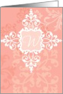 Monogram note card, ’W’, vintage floral, medallion on pink! card