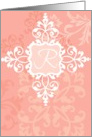Monogram note card, ’R’, vintage floral, medallion on pink! card