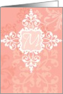 Monogram note card, ’M’, vintage floral, medallion on pink! card
