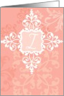 Monogram note card, ’I’, vintage floral, medallion on pink! card