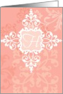 Monogram note card, ’H’, vintage floral, medallion on pink! card