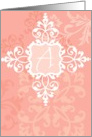 Monogram note card, ’A’, vintage floral, medallion on pink! card