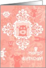 Happy Birthday from the gang, vintage floral, medallion on pink! card