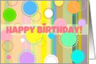 Happy Birthday to her, with bright stripes, doilies and polka dots! card
