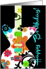 Happy Birthday Bright Floral Birthday Guitar with Cool Font on Black!! card