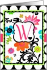 Bright Tropical Floral ’W’ Monogram Note Card on polka dots! card