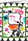 Bright Tropical Floral ’R’ Monogram Note Card on polka dots! card