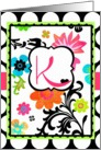 ’K’ Monogram, Bright Tropical Floral Note Card on polka dots! card