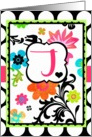 ’J’ Monogram Note Card, Bright Tropical Floral on polka dots! card