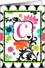’C’ Monogram Note Card, Bright Tropical Floral on polka dots! card