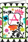 ’A’ Monogram Note Card, Bright Tropical Floral on polka dots! card