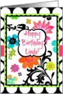 Happy Birthday Linda, Bright Tropical Floral on polka dots! card