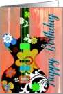 Happy Birthday Cool Electric Guitar with Floral Design on Wood! card