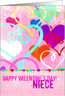 Brightly colored & textured Valentine’s Day Hearts on Pink for Niece! card