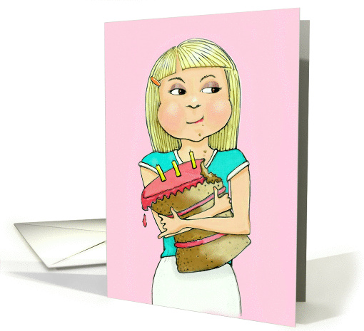 Cute Birthday Girl Eating Cake with Full Cheeks on pink... (1068151)