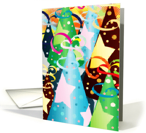 Happy Birthday to me party hats with stars and confetti! card