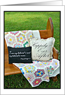 Church pew with vintage blanket wedding day for son and his bride card