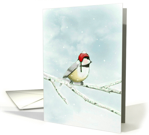 Sweet chickadee in red wool hat brings warmth for Hanukkah. card