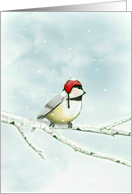 Sweet chickadee in red wool hat brings warmth for Hanukkah. card