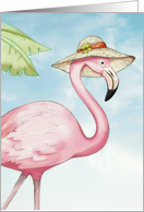 Pink Flamingo in a straw hat on blank note card. card