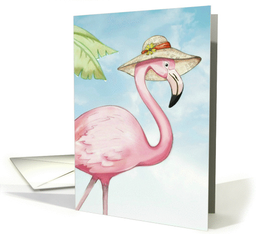Pink Flamingo in a straw hat brings greetings from Happyville! card