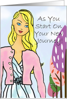 She’s starting a new journey, encouragement, graphic illustration, blonde with trees card