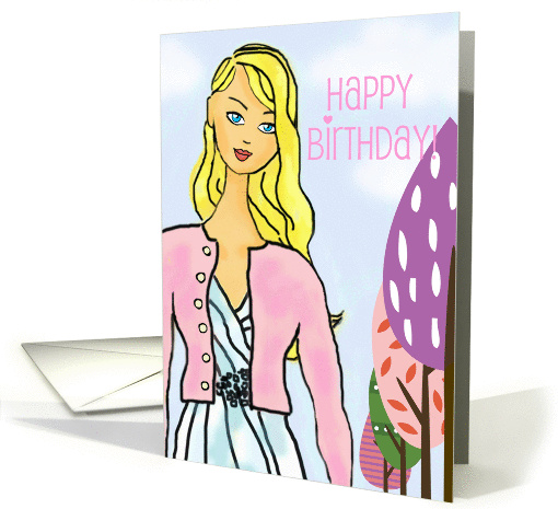 Happy birthday, blonde graphic illustration, with funky trees card