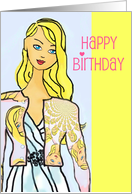 Happy birthday, style all your own, blonde, funky sweater, yellow trim card