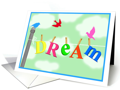 DREAM, blank card with birds and fun font in green sky! card (908358)