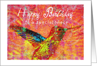 Happy Birthday niece, hummingbird with bright jewel colors! card
