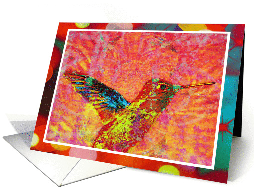 Brightly colored Hummingbird on red turquoise, floral... (910045)