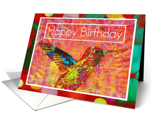 Hummingbird, blank, jewel colors on floral background card (910060)