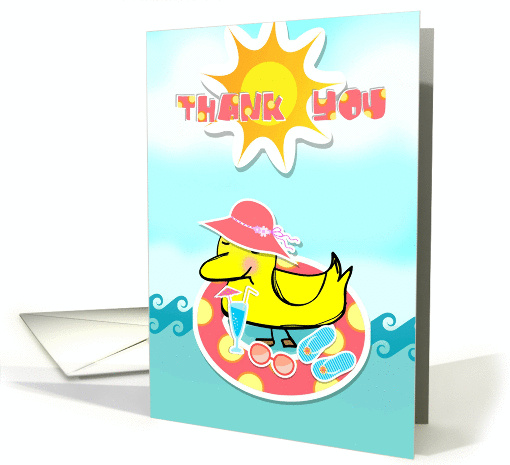Thank You ducky in inner tube with drink and flip flops, blank! card