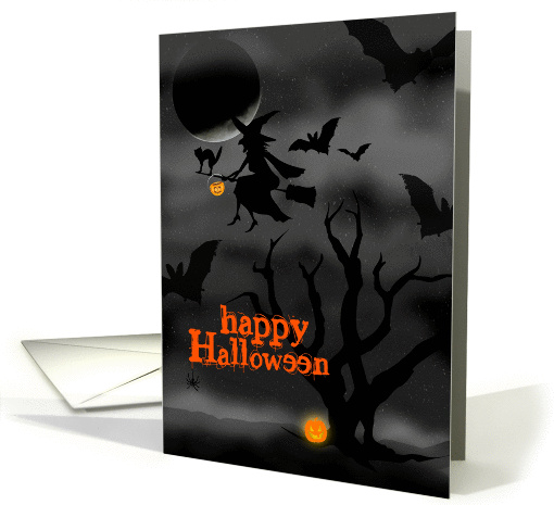 Happy Halloween witch on broom with cat trick or treating! card