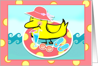 Any occasion, blank greeting, rubber ducky floating in tube, tropical drink, flip flops! card