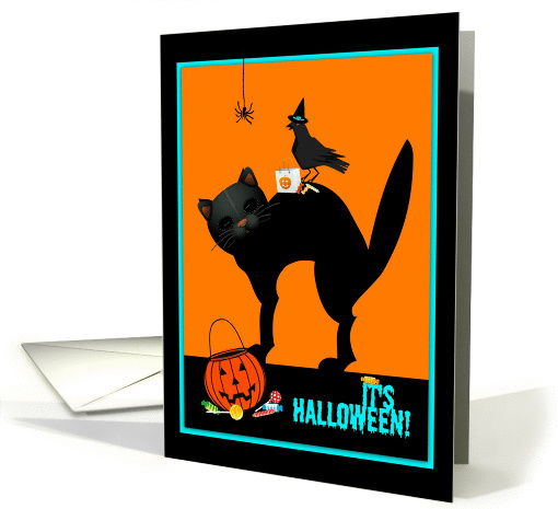 Halloween greeting, black cat, crow and spider with goodies! card