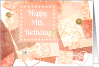 Happy 14th Birthday vintage print with hearts and buttons! card