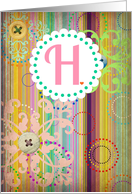 Monogram ’H’ antique look blank card with bright stripes and buttons look! card