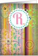 Monogram ’R’ antique look blank card with bright stripes and buttons look! card