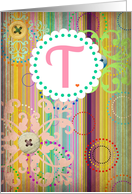 Monogram ’T’ antique look blank note card with bright stripes and buttons look! card