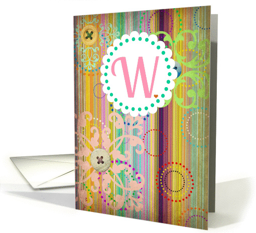 Monogram 'W' antique look blank card with bright stripes... (923535)