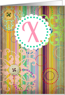 Monogram ’X’ antique look blank card with bright stripes and buttons! card