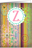 Monogram ’Z’ antique look blank card with bright stripes and buttons! card