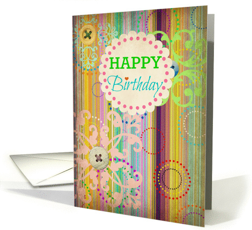 Happy Birthday antique look blank card with bright stripes... (923540)