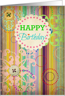 Happy Birthday antique look blank card with bright stripes and buttons! card
